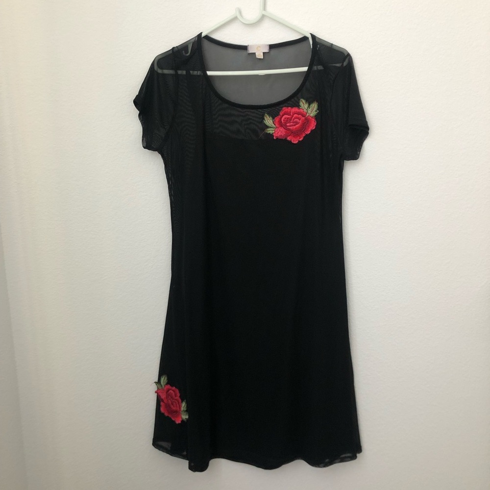 Black Mesh Dress with Floral Embroidery
